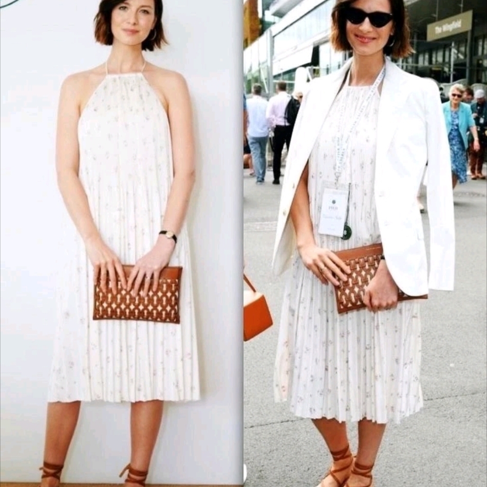 Ralph Lauren Cream Halter Pleated Midi Dress with Subtle Floral Print